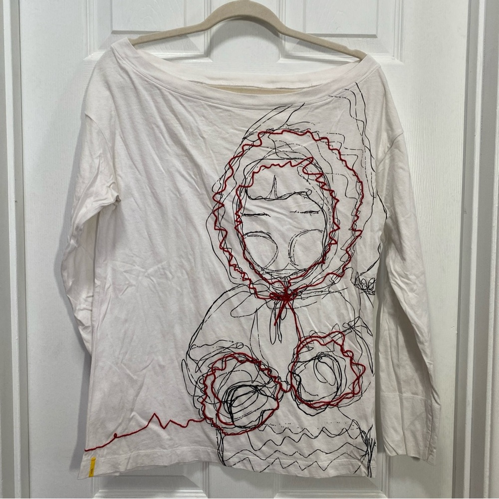 Lole Women’s Large Embroidered Christmas Long Sleeve Shirt Organic Cotton White